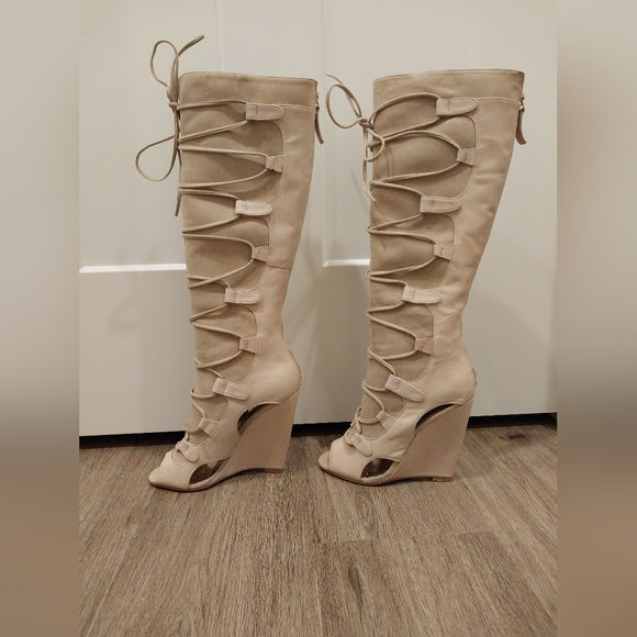 bebe Shoes - NWT - RARE chic & stylish Bebe "Murray" wedge heel peep toe cutout lace-up boots
